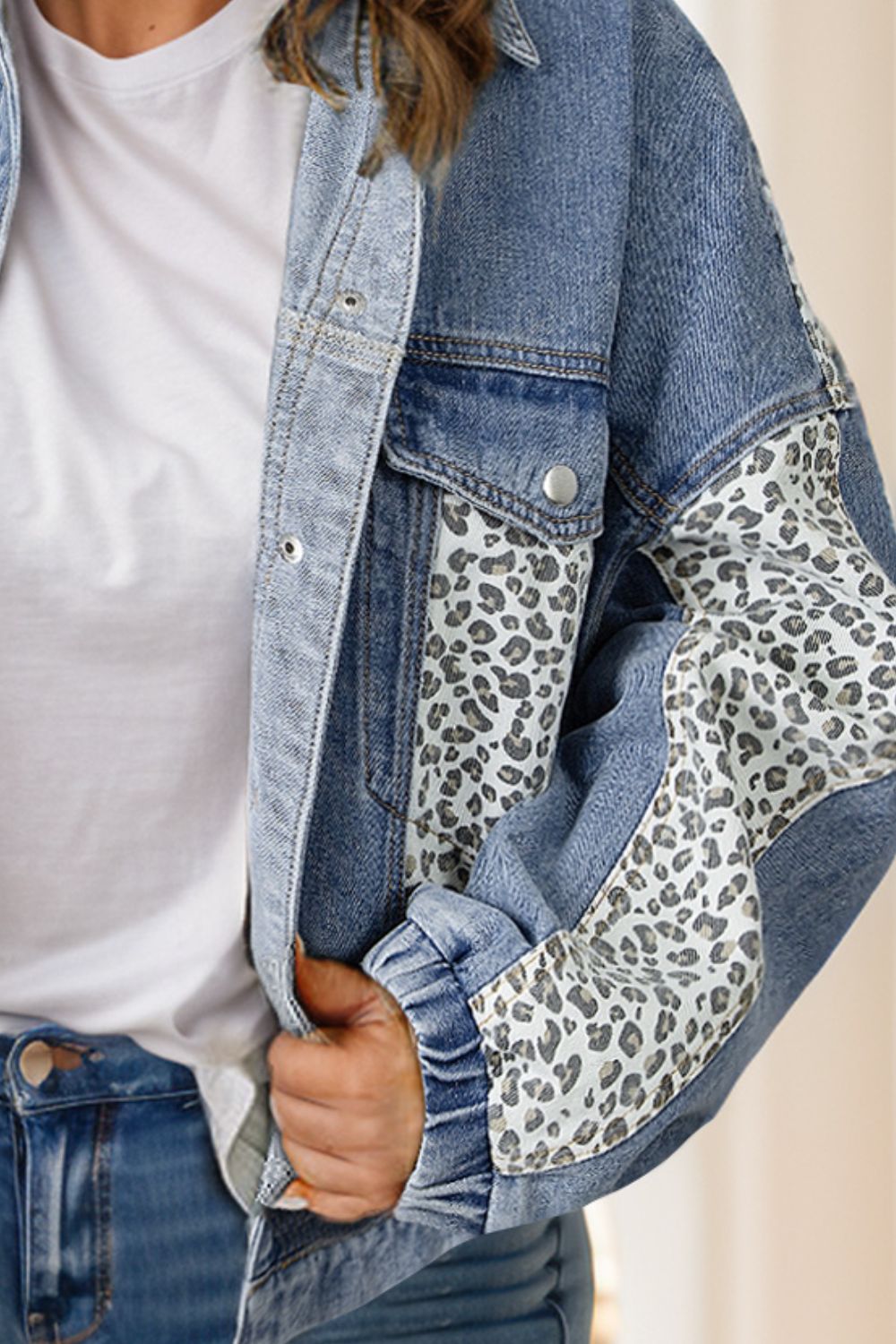 Plus Size Leopard Long Sleeve Denim Jacket 