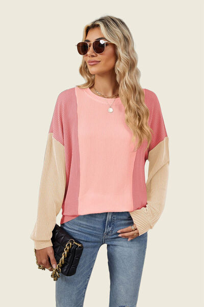 Double Take Texture Contrast Round Neck Long Sleeve T-Shirt 