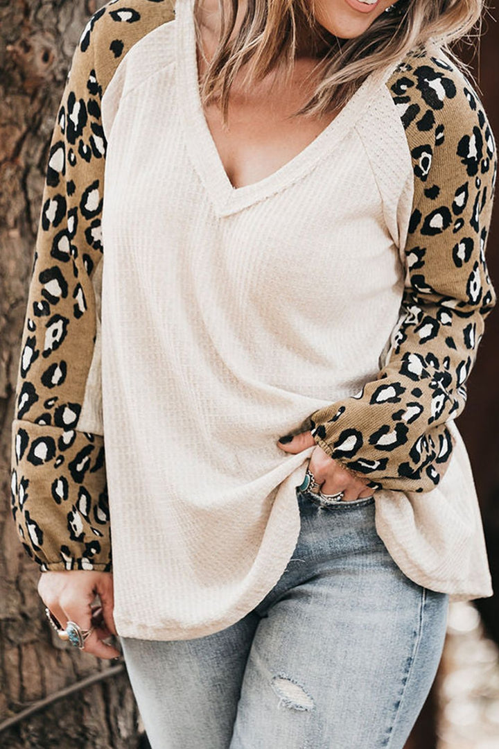 Plus Size Leopard V-Neck Raglan Sleeve Blouse 