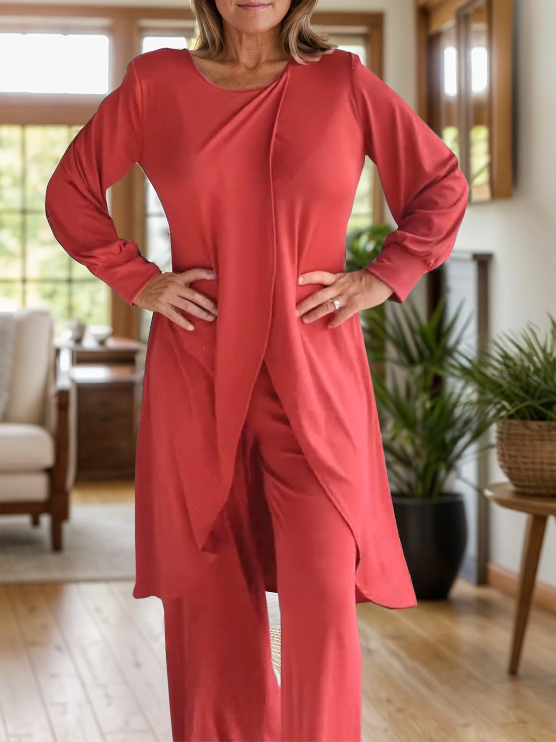 Full Size Slit Round Neck Long Sleeve Top and Pants Set 