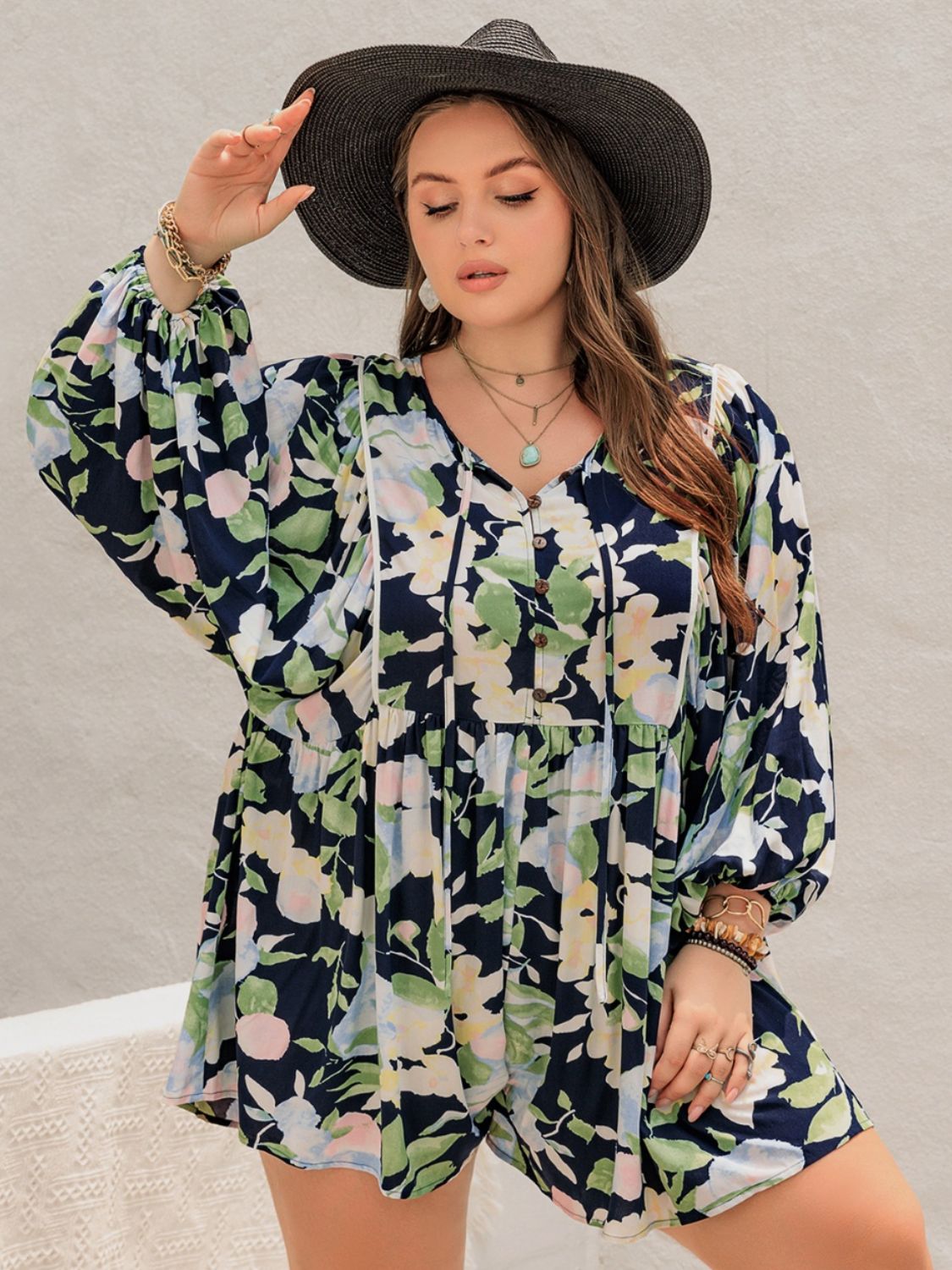 Plus Size Tied Printed Long Sleeve Romper 