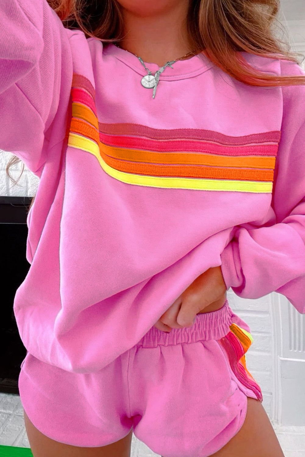 Bonbon Striped Accent Pullover and Shorts Two Piece Casual Set Two Piece Sets/Short Sets