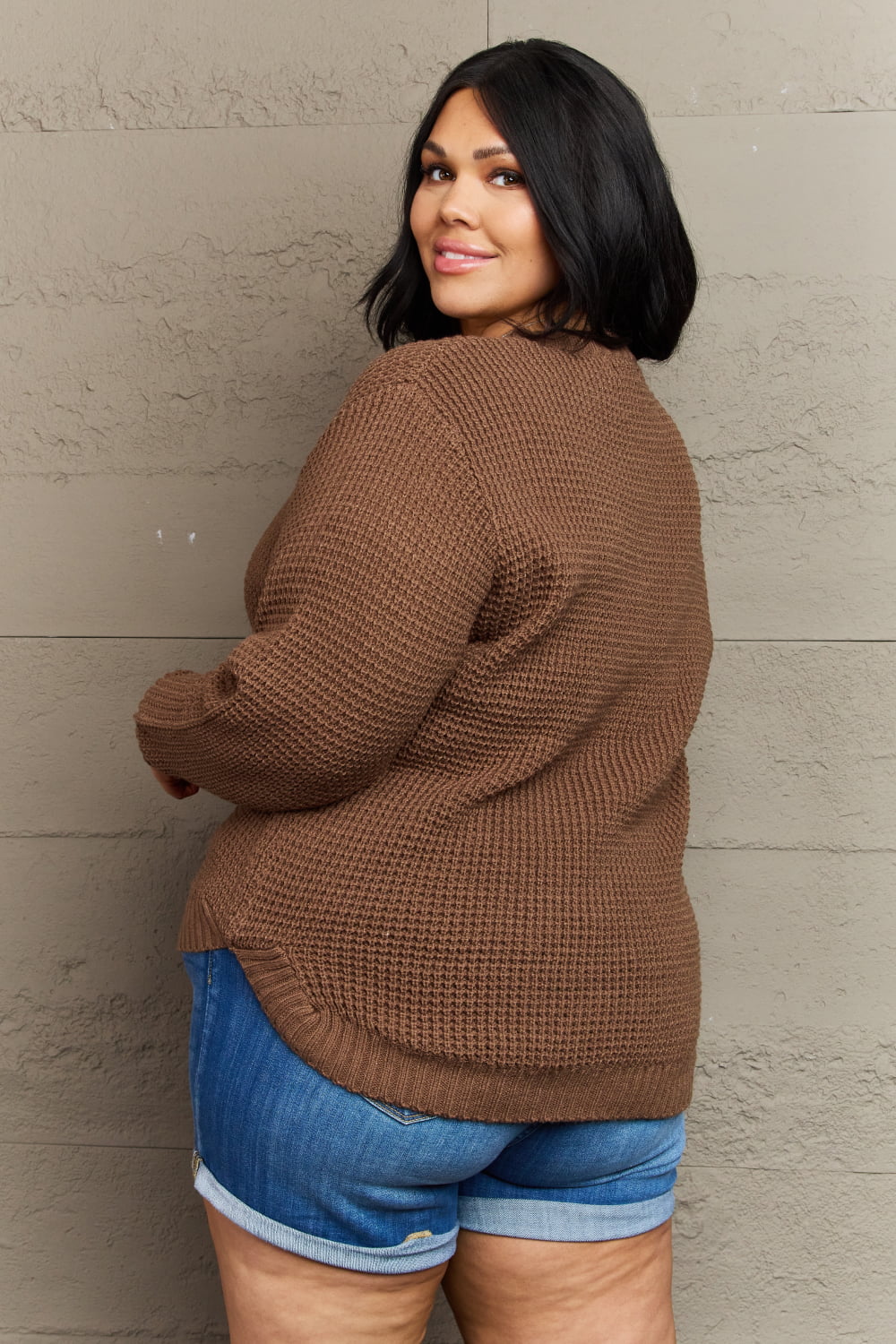 Zenana Breezy Days Plus Size High Low Waffle Knit Sweater 