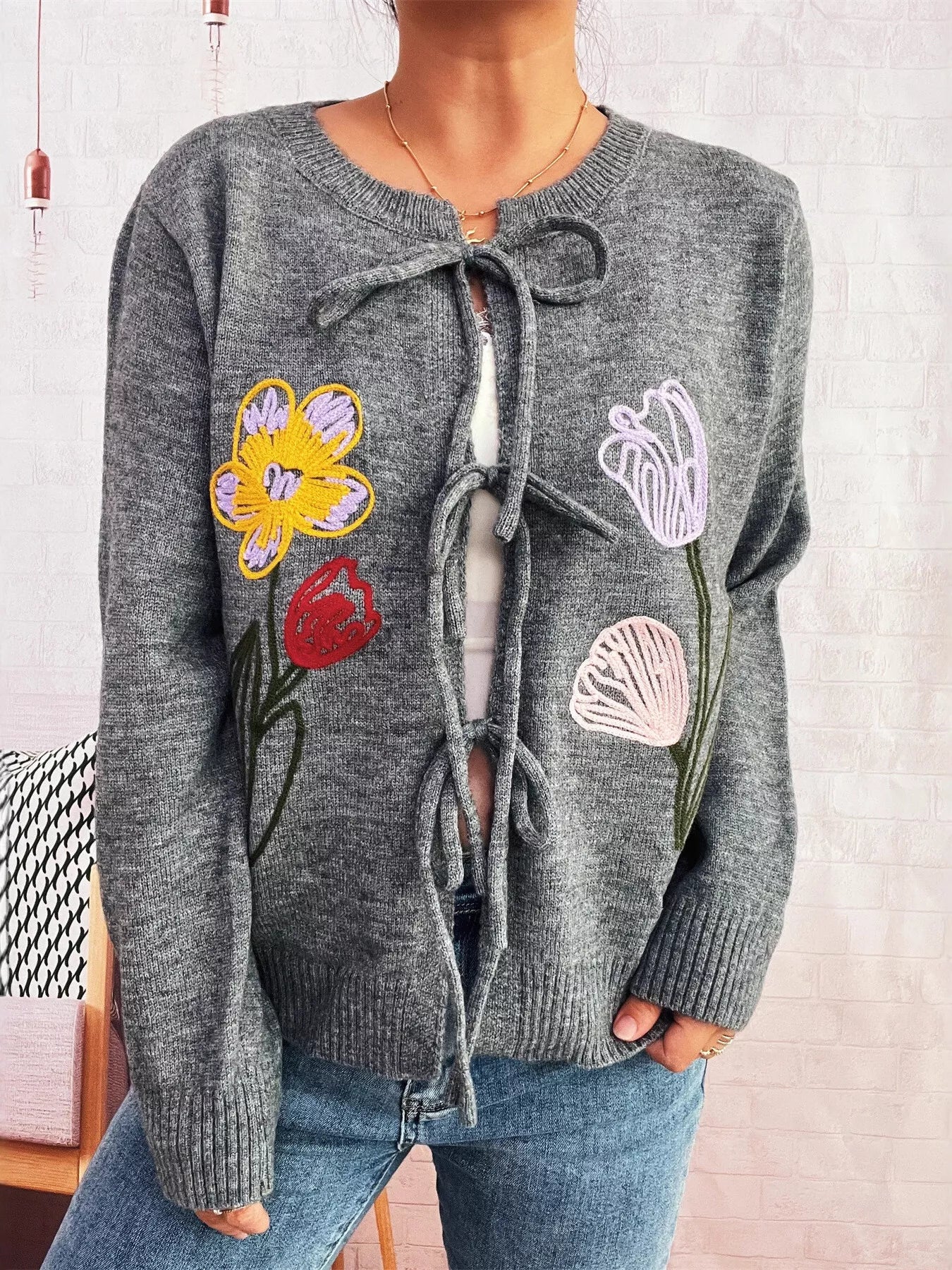 Floral Ribbed Hem Tie Front Cardigan 