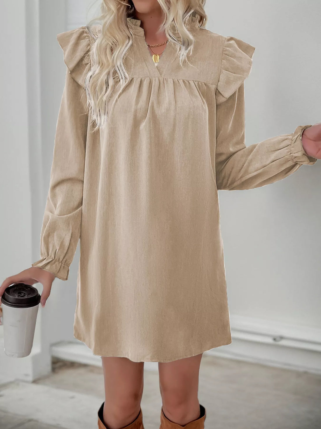 Ruffled Notched Flounce Sleeve Dress 