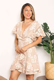 Double Take Floral Lace Pompom Detail Tie-Waist Flutter Sleeve Dress 