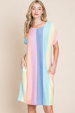 BOMBOM Striped Short Sleeve Dress with Pockets 