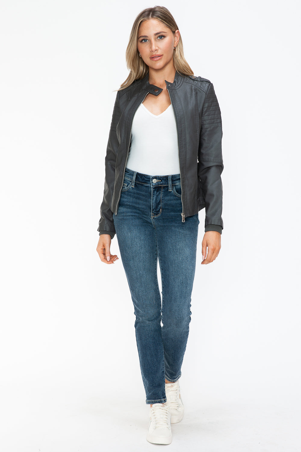 Snobbish PU Leather Biker Jacket with Side Zip Pockets 