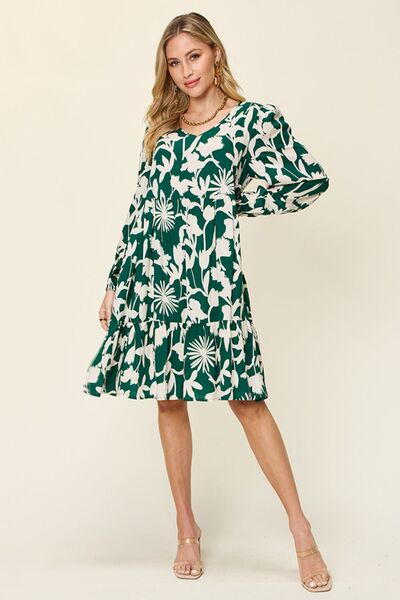 Double Take Full Size Printed Ruffle Hem Dress with Pocket 