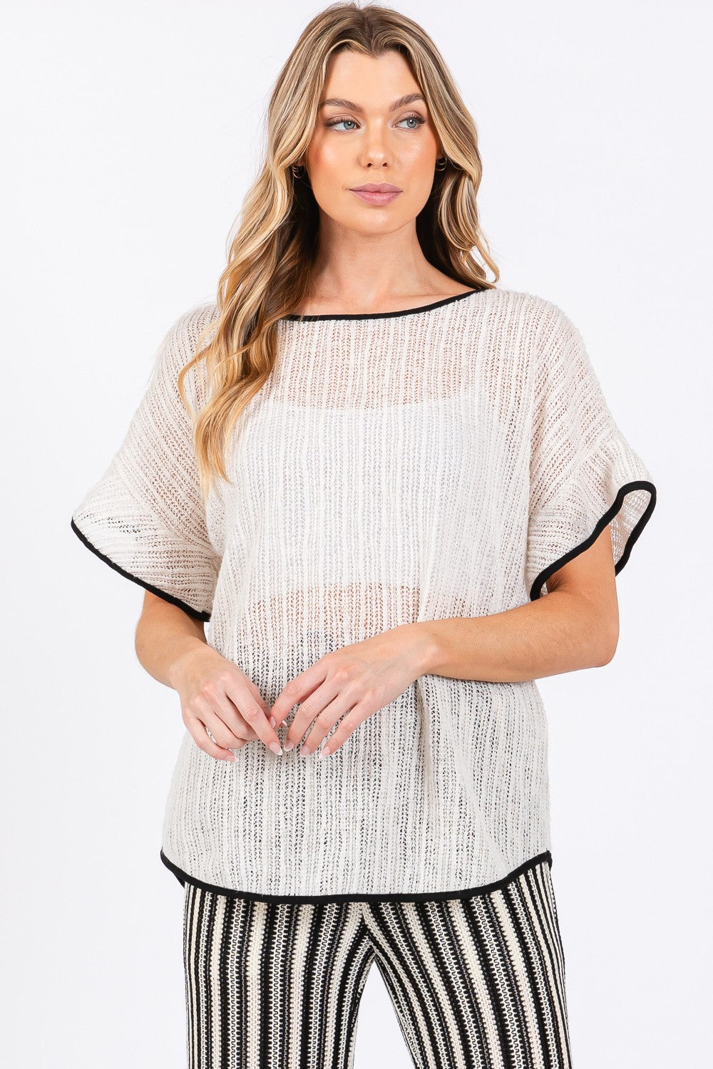 GeeGee Contrast Trim Short Sleeve Knit Cover Up 