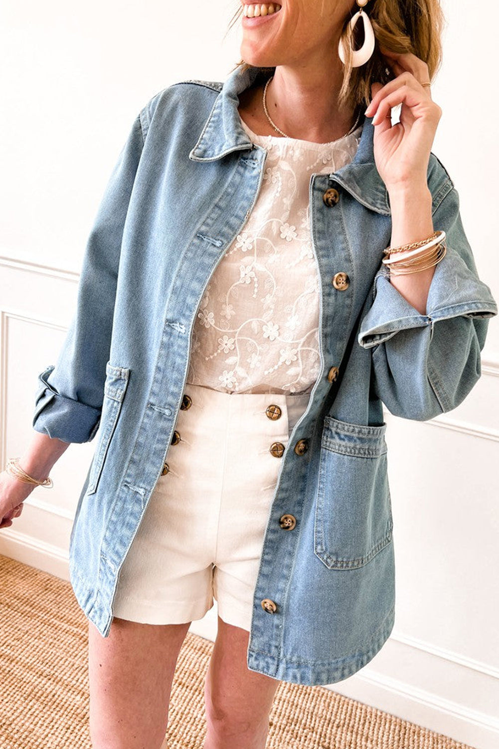 Dusk Blue Slit Buttons Pocketed Denim Jacket Outerwear/Denim jackets
