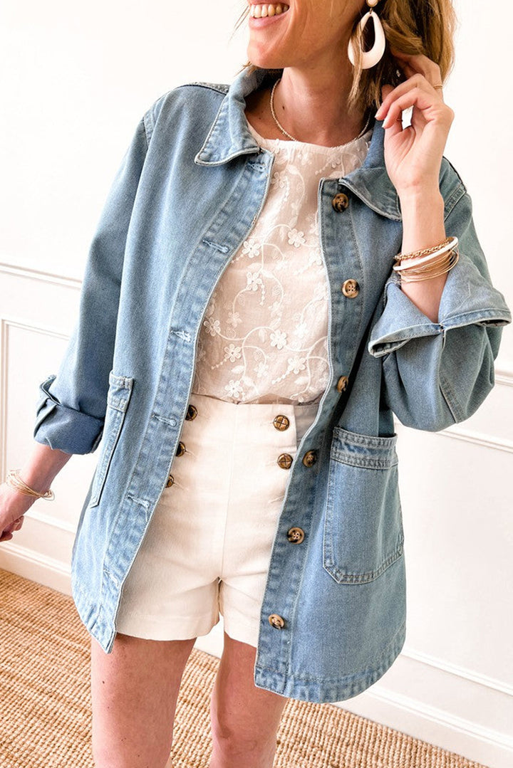 Dusk Blue Slit Buttons Pocketed Denim Jacket Outerwear/Denim jackets