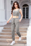 Waffle-Knit Cropped Tank and Drawstring Pants Set 