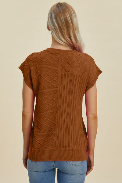 Double Take Full Size Cable-Knit Round Neck Cap Sleeve Sweater 
