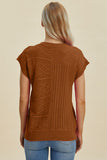 Double Take Full Size Cable-Knit Round Neck Cap Sleeve Sweater 