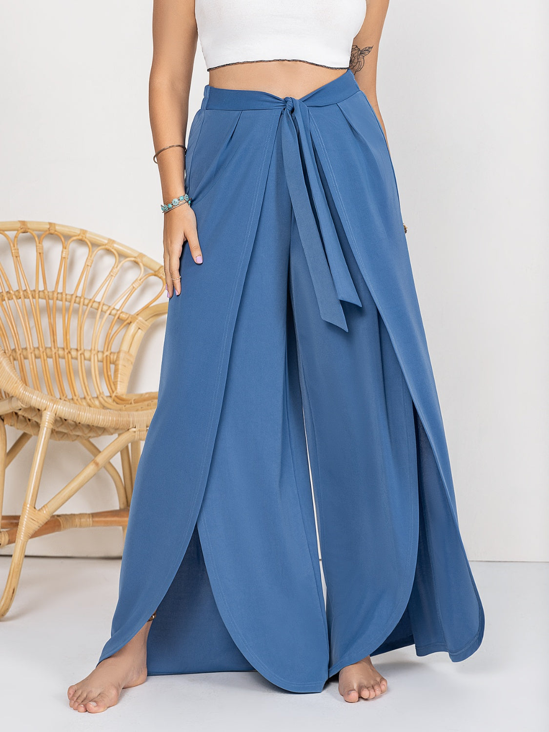 Plus Size Tied Slit Wide Leg Pants 