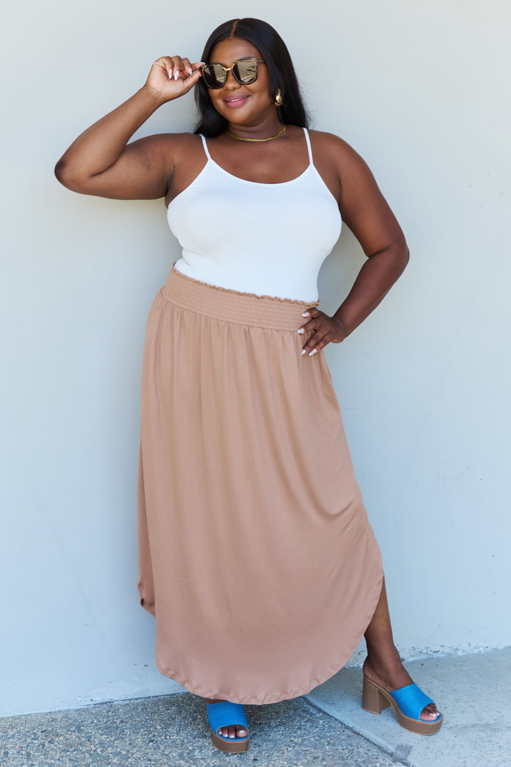 Doublju Comfort Princess Full Size High Waist Scoop Hem Maxi Skirt in Tan 