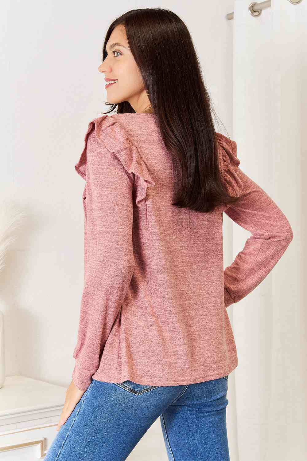 Double Take Square Neck Ruffle Shoulder Long Sleeve T-Shirt 
