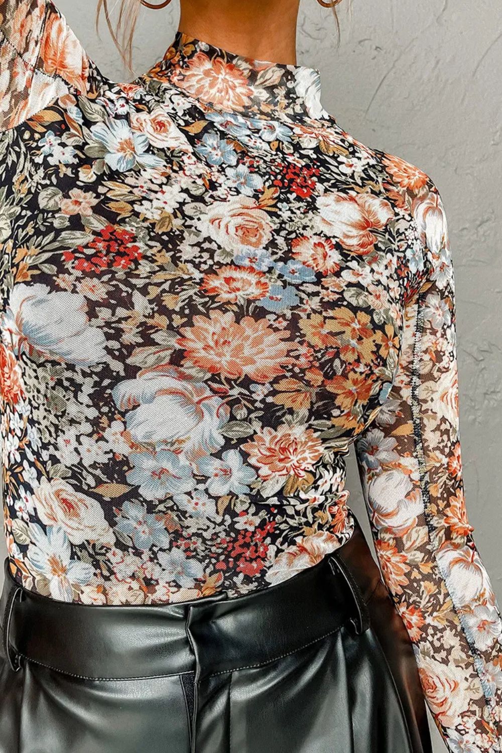 Floral Mock Neck Long Sleeve Top 