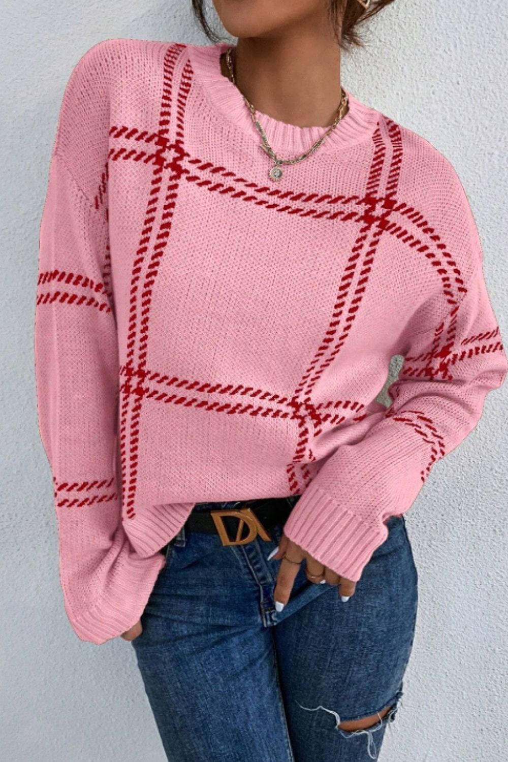 Contrast Round Neck Long Sleeve Sweater 