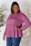 Double Take Half Button Long Sleeve Ruffle Hem Blouse 