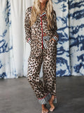 Leopard and Striped Trim Shirt and Pants Set Lingerie & Nightwear