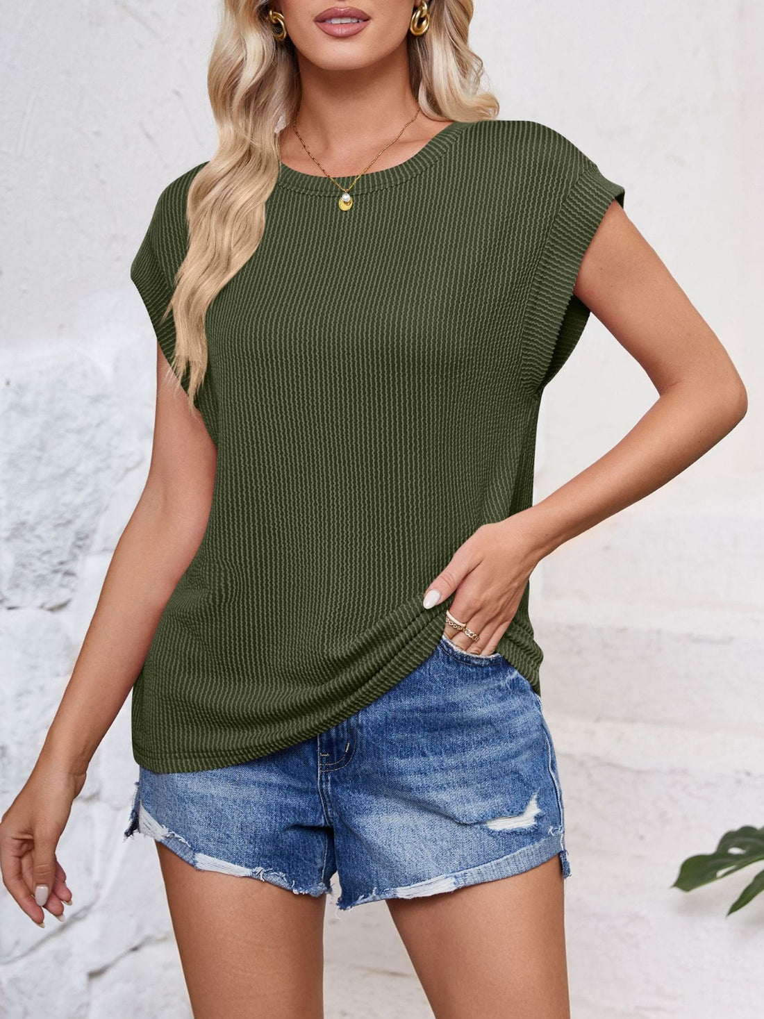Lovelet Textured Round Neck Cap Sleeve Blouse 