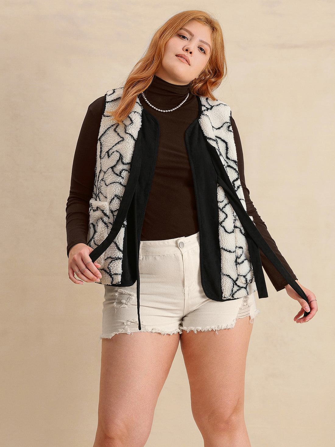 Plus Size Tied Sherpa Vest Coat with Pockets 