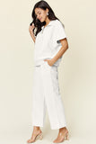 Double Take Full Size Texture Half Zip Short Sleeve Top and Pants Set 