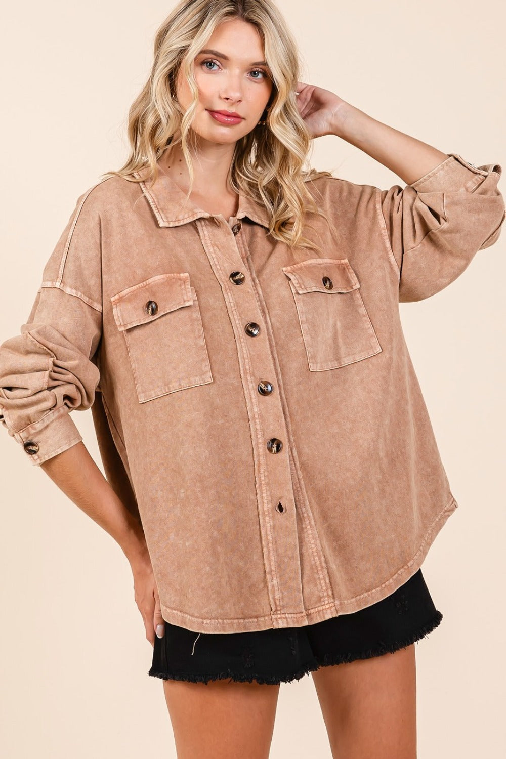 Mittoshop Mineral Wash French Terry Elbow Patch Shacket 