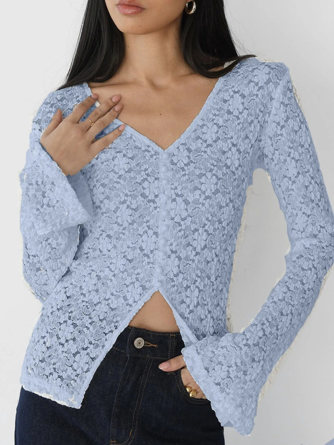 Lace V-Neck Flare Sleeve T-Shirt 