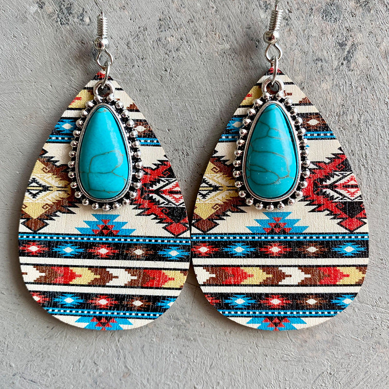 Turquoise Teardrop Shape Wooden Dangle Earrings 