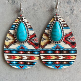 Turquoise Teardrop Shape Wooden Dangle Earrings 