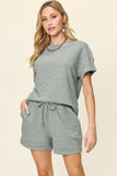 Double Take Full Size Texture Short Sleeve T-Shirt and Drawstring Shorts Set 