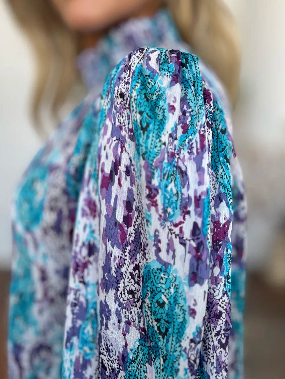 Double Take Full Size Printed Smocked Long Sleeve Blouse 