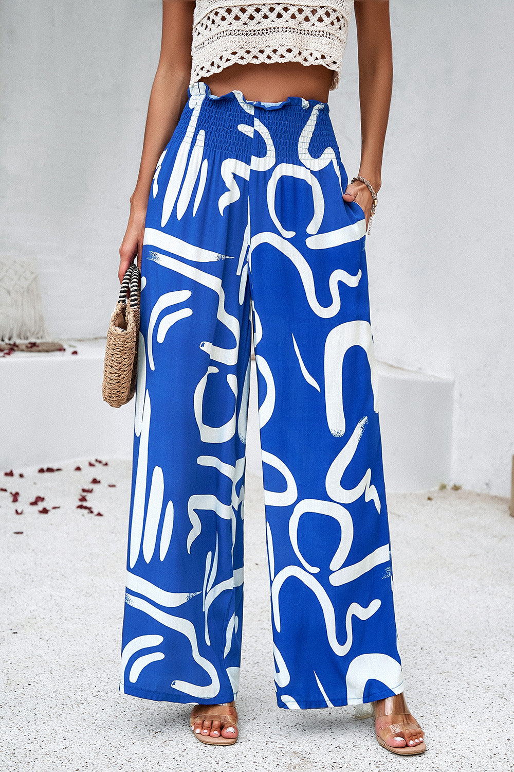 Devine Smocked Printed Wide Leg Pants with Pockets 