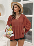 Plus Size Swiss Dot Tie Neck Long Sleeve Blouse 