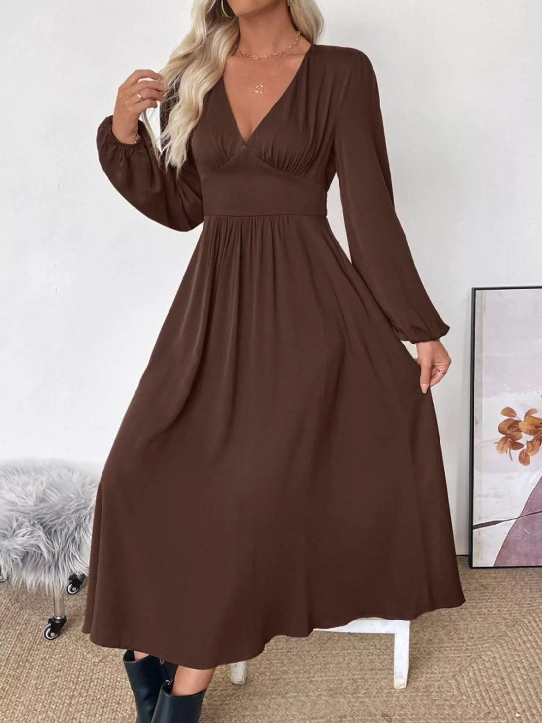 V-Neck Balloon Sleeve Midi Dress 