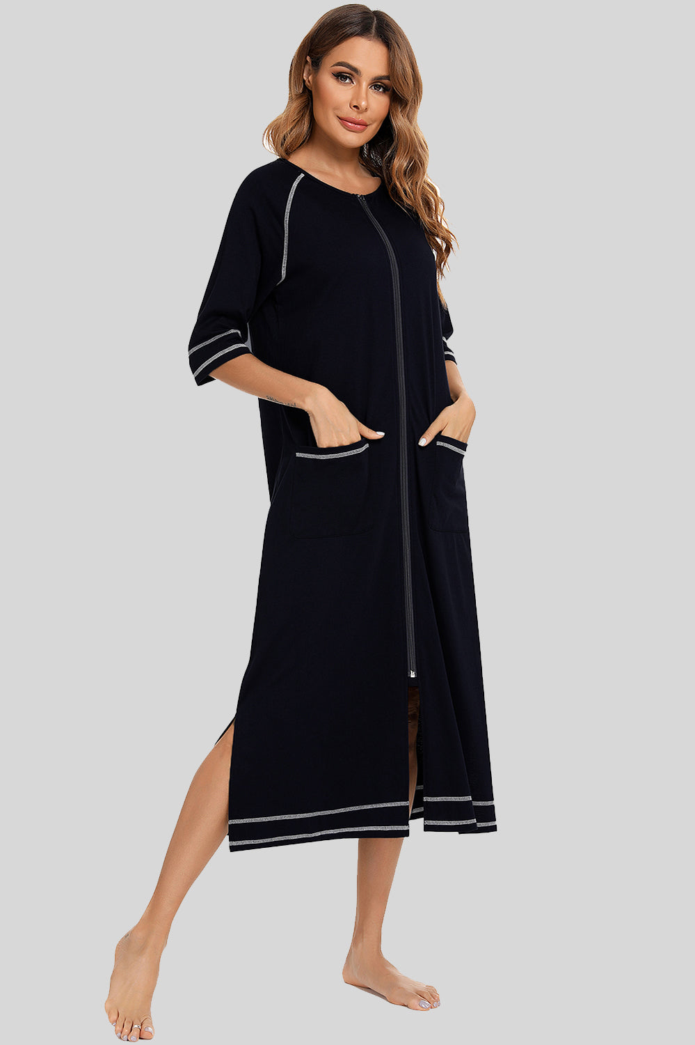 Zip Up Slit Round Neck Night Dress with Pockets 