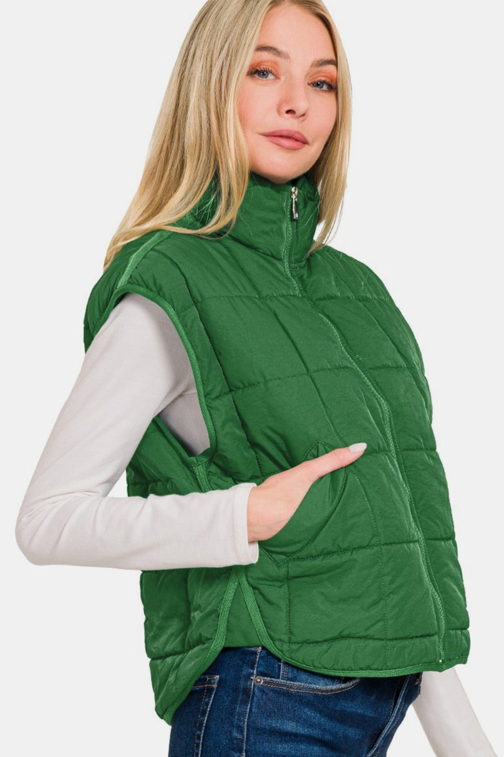 Zenana Zip Up Cropped Puffer Vest with Pockets 