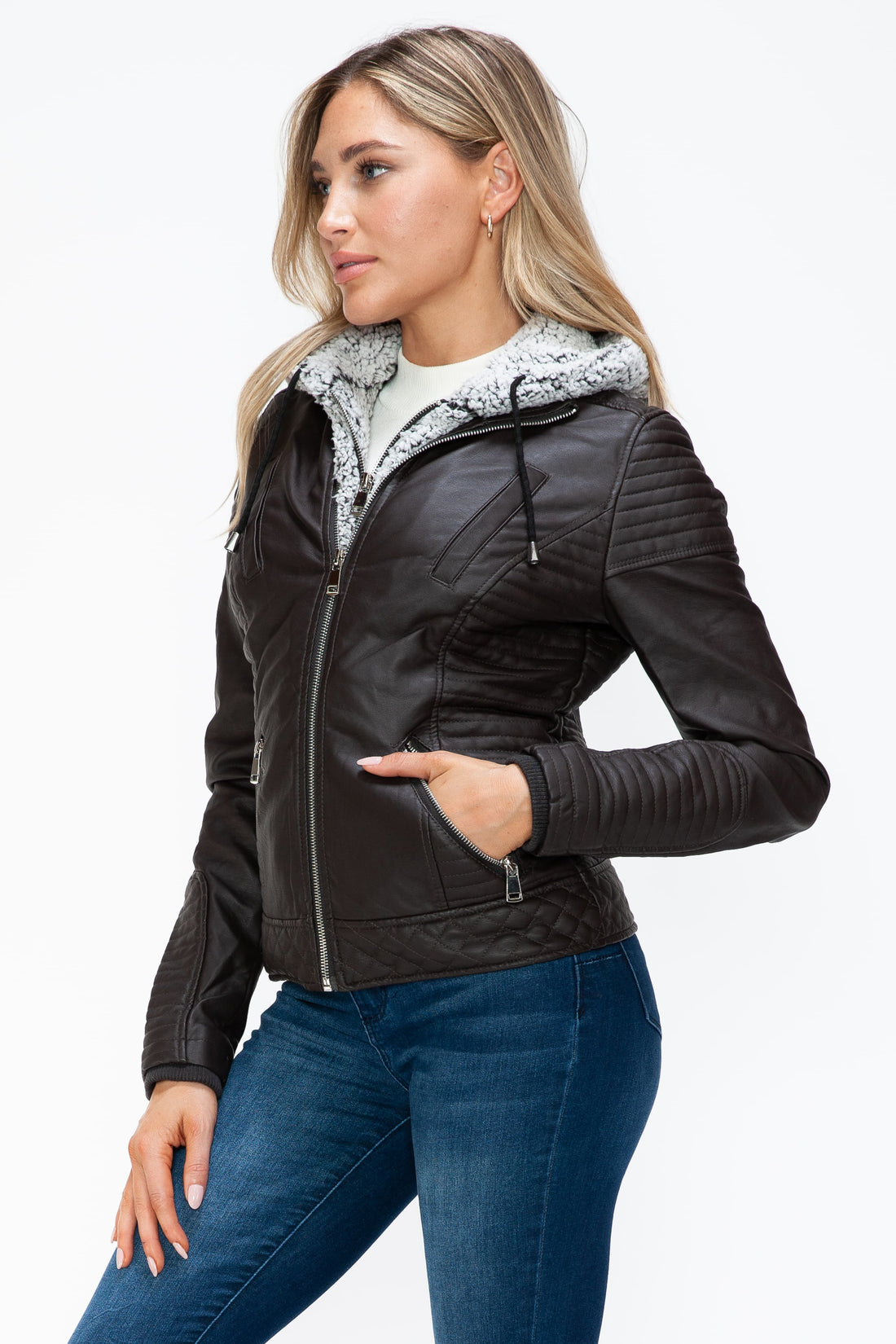 YMI Faux Layered Double-Zipper Jacket with Fuzzy Hood 