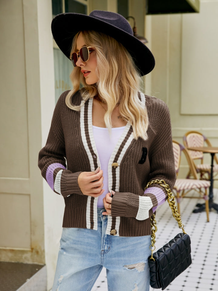 Contrast Button Up Dropped Shoulder Cardigan 
