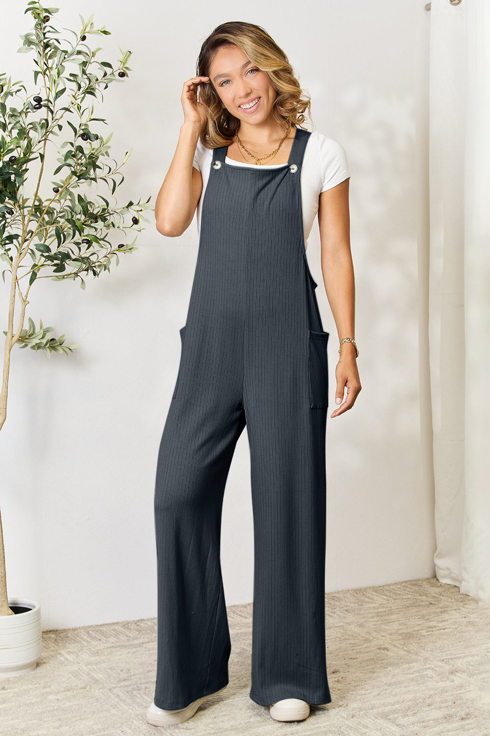 Double Take Full Size Wide Strap Overall with Pockets 