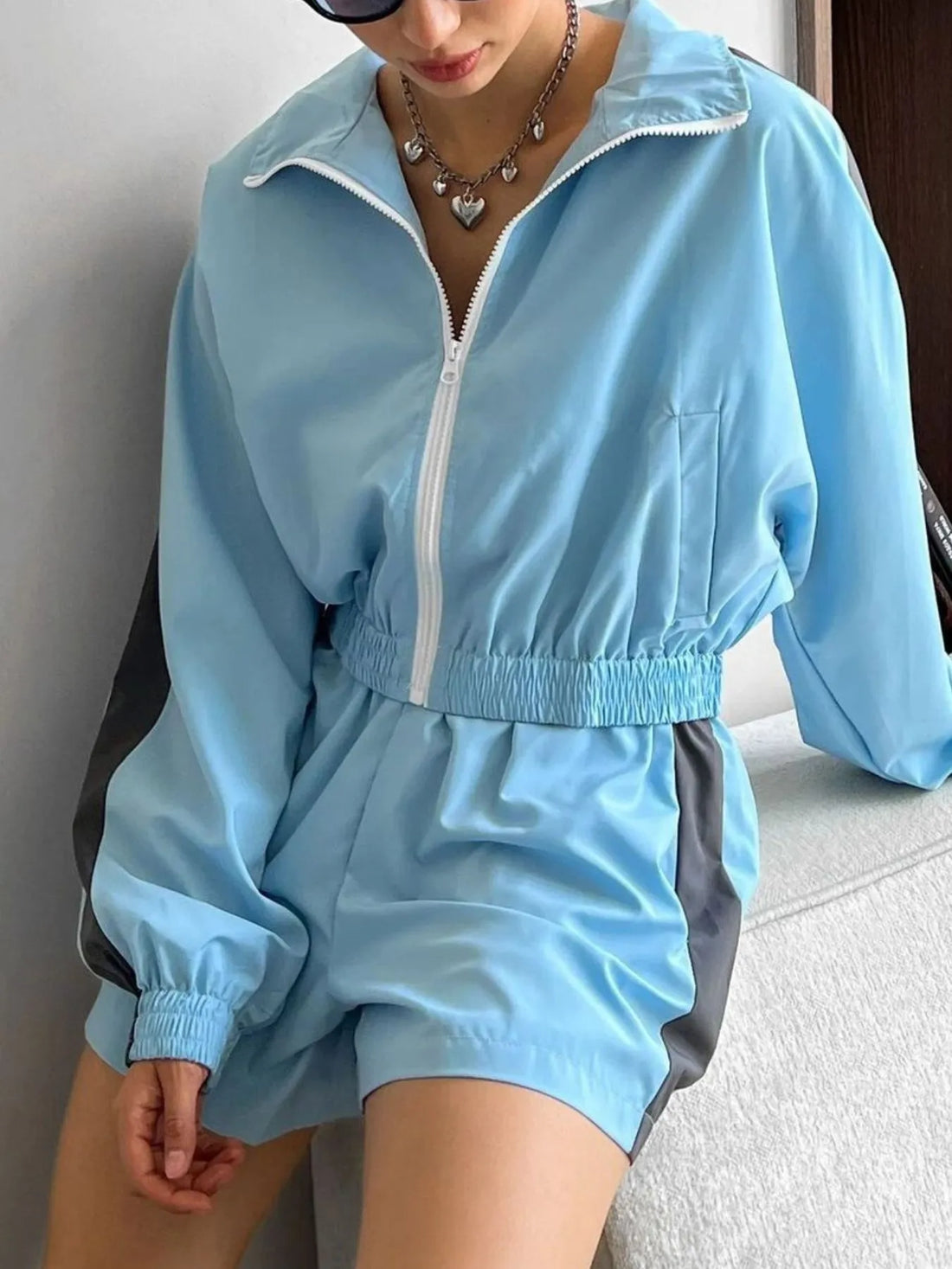 Zip Up Long Sleeve Jacket and Shorts Set Two Piece Dresses