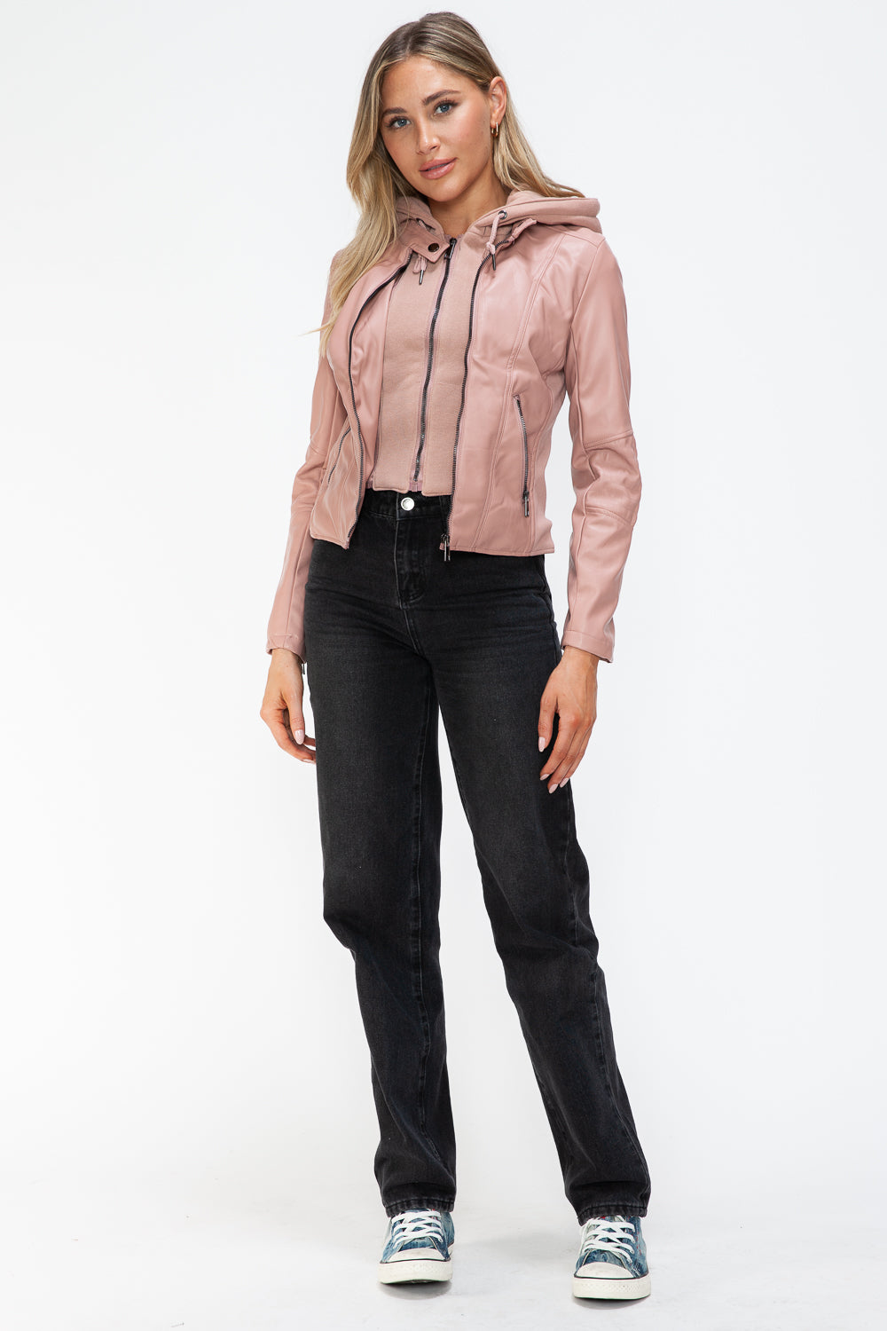 Snobbish Faux Leather Zip Up Drawstring Hooded Jacket 