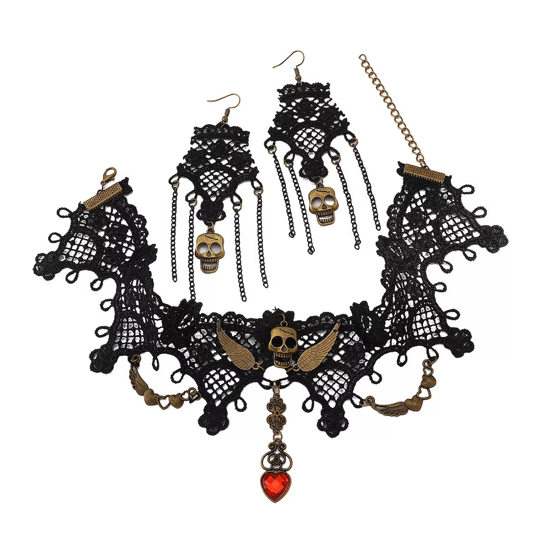 Halloween Lace Skull Necklace and Earrings Jewelry Set 