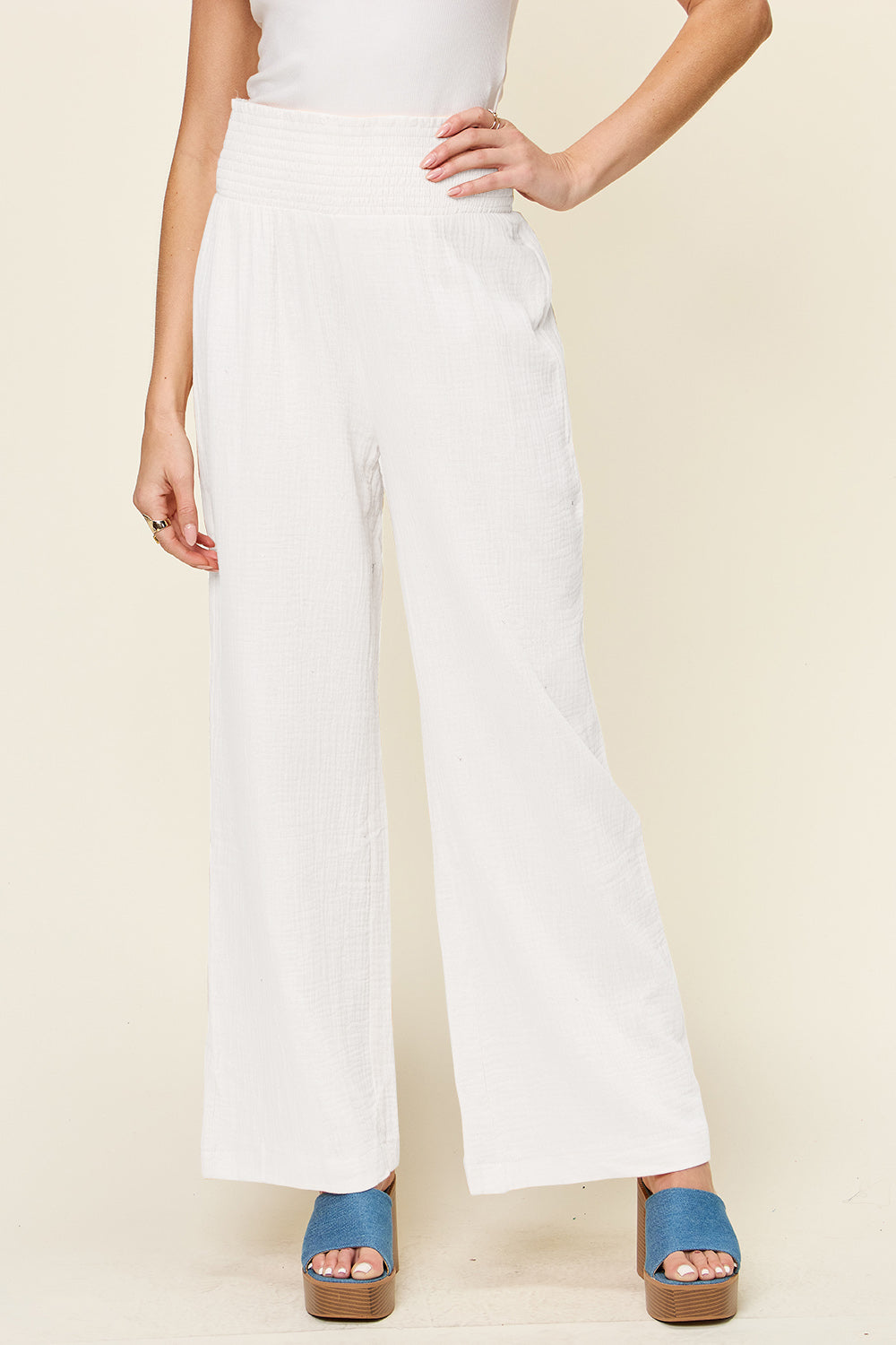 Double Take Full Size Texture Smocked Waist Wide Leg Pants 