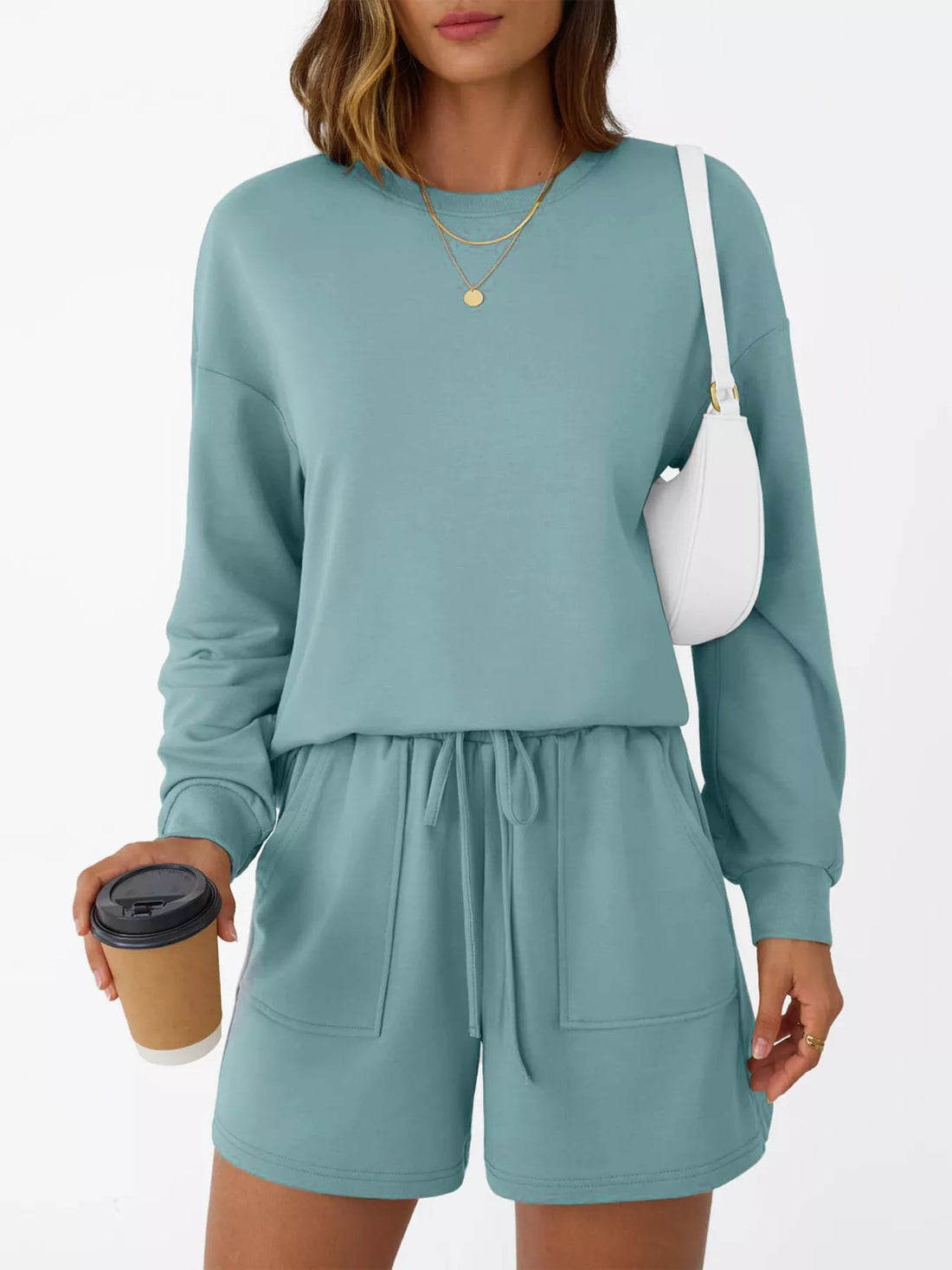 Round Neck Long Sleeve Top and Shorts Set Two Piece Dresses
