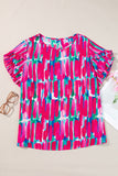 Plus Size Printed Round Neck Petal Sleeve Blouse 