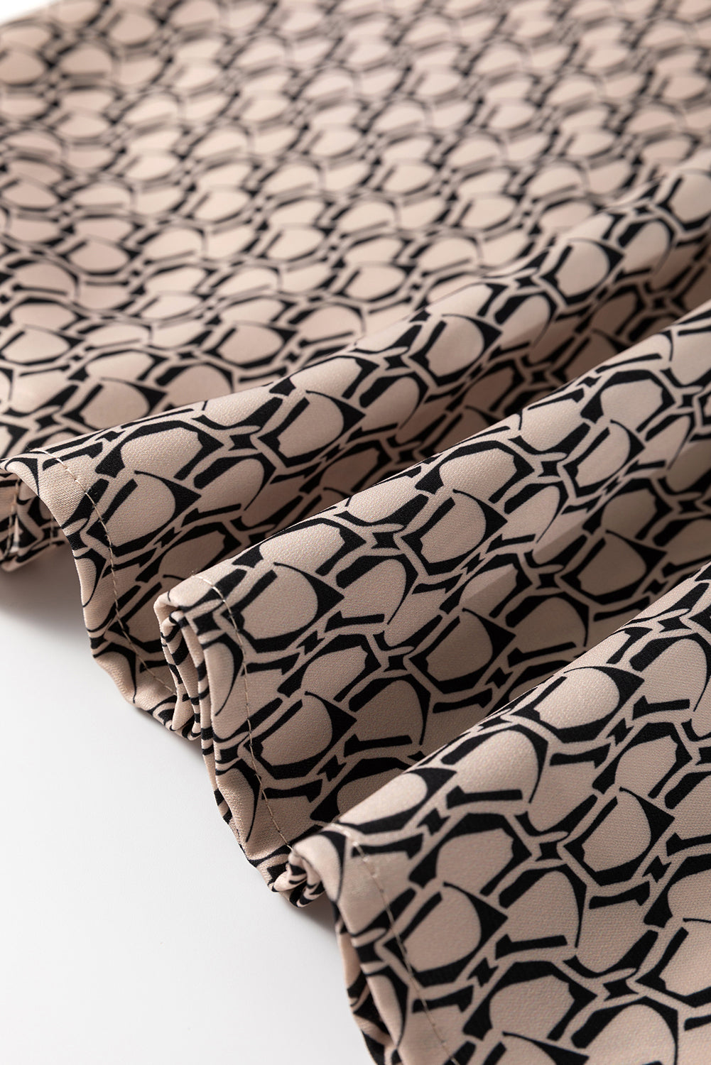 Khaki Geometric Print Notched Neck Puff Sleeve Blouse Tops/Blouses & Shirts